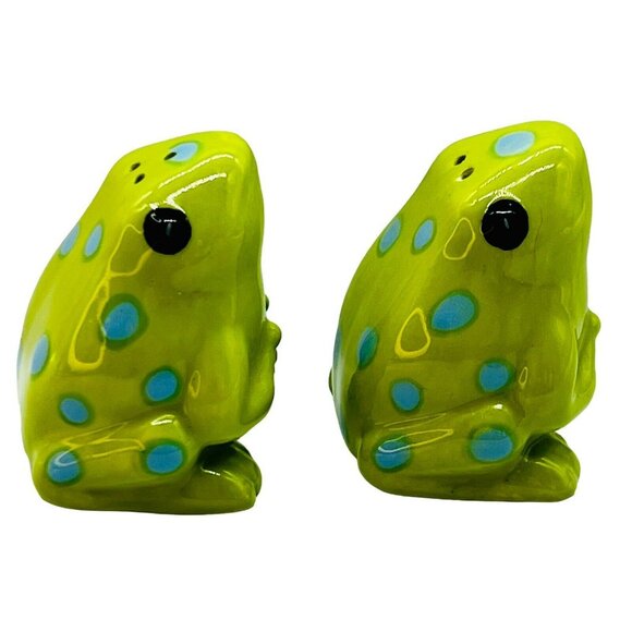 Green Frog Toad Blue Polka Dot Salt Pepper Shakers 1.75 inch Ceramic - Picture 4 of 8